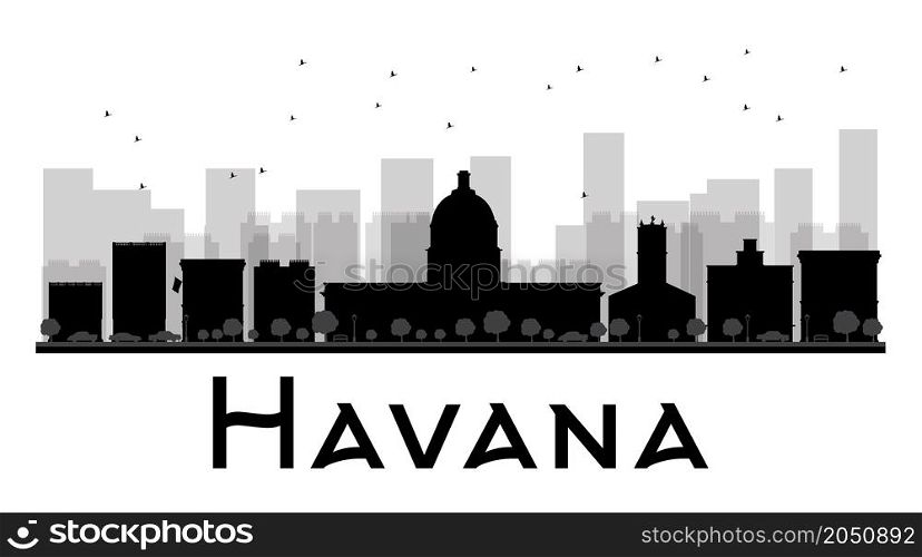 Havana City skyline black and white silhouette. Vector illustration. Simple flat concept for tourism presentation, banner, placard or web site. Business travel concept. Cityscape with famous landmarks