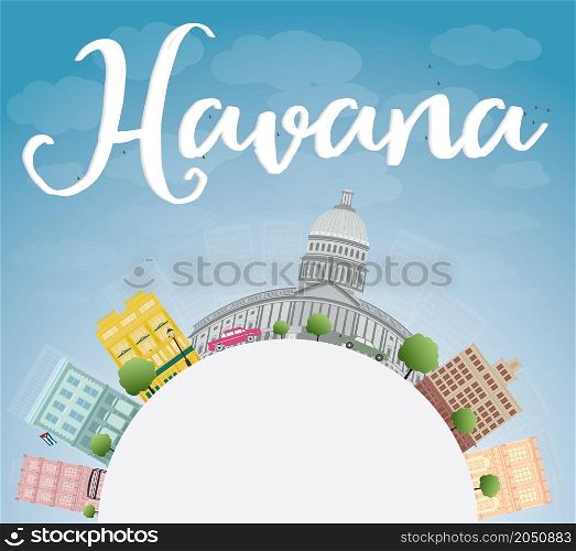 Havana Skyline with Color Building, Blue Sky and copy space. Vector Illustration