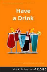 Have drink manual page design with decorated glasses with alcoholic cocktails, vector illustration of proposal to have a cocktail on orange background. Have Drink Manual Page Design with Decor Glasses