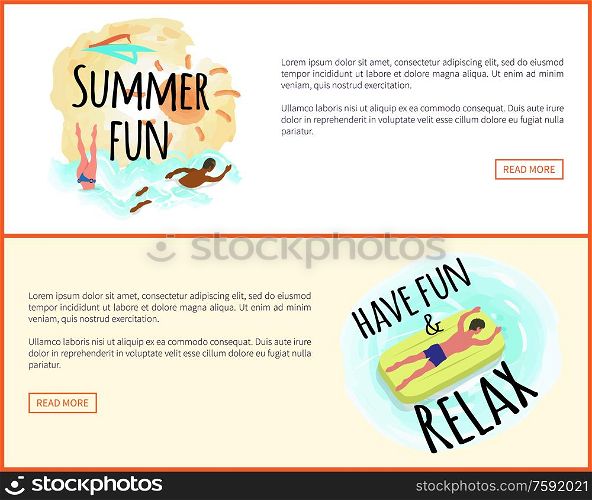 Have fun and relax label with tropical leaves framing. Man suntanning on mattress, male character in blue trunks. Vector boy and inflatable means helping to swim. Webpage or website templates. Have Fun and Relax Label, Tropical Leaves Framing