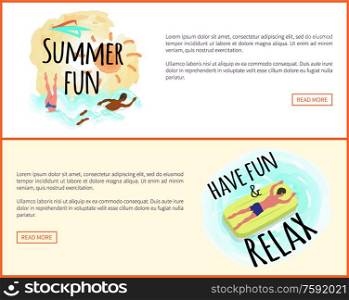 Have fun and relax label with tropical leaves framing. Man suntanning on mattress, male character in blue trunks. Vector boy and inflatable means helping to swim. Webpage or website templates. Have Fun and Relax Label, Tropical Leaves Framing