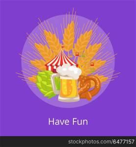 Have Fun Poster with Food Set of German Bakery. Have fun poster with food set of german bakery, baked snacks, beer and its symbols which is ear of wheat, hop and attractions on purple circle vector