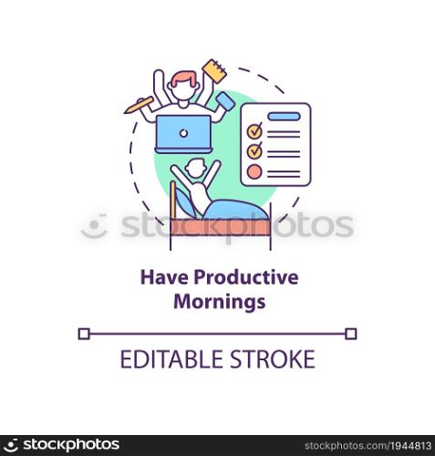 Have productive morning concept icon. Daily routine for effective work. Career advancement abstract idea thin line illustration. Vector isolated outline color drawing. Editable stroke. Have productive morning concept icon