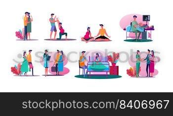 Having baby set. Pregnant couple doing yoga, walking outdoors, visiting doctor, holding baby. Flat vector illustrations. Parenthood concept for banner, website design or landing web page