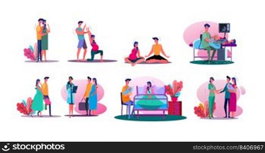 Having baby set. Pregnant couple doing yoga, walking outdoors, visiting doctor, holding baby. Flat vector illustrations. Parenthood concept for banner, website design or landing web page