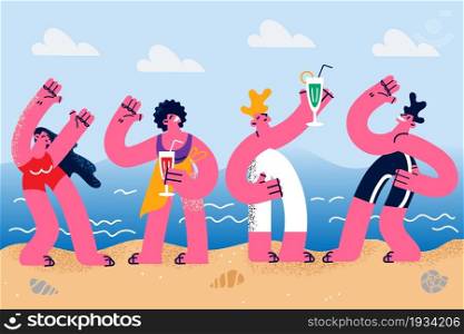Having beach party during vacations concept. Group of young smiling people friends drinking cocktails and dancing at beach party near sea vector illustration . Having beach party during vacations concept