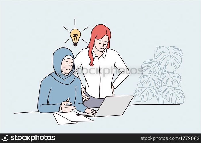 Having business idea and teamwork concept. Young caucasian and arab women colleagues having meeting and discussion in office with great new ideas near laptop vector illustration . Having business idea and teamwork concept.