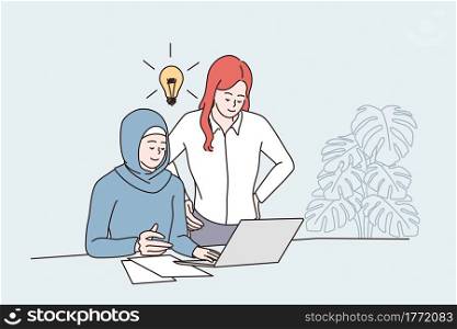 Having business idea and teamwork concept. Young caucasian and arab women colleagues having meeting and discussion in office with great new ideas near laptop vector illustration . Having business idea and teamwork concept.
