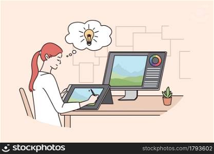 Having creative work idea concept. Young caucasian positive woman designer sitting at laptop with great ideas in head and light bulbs above vector illustration . Having creative work idea concept.
