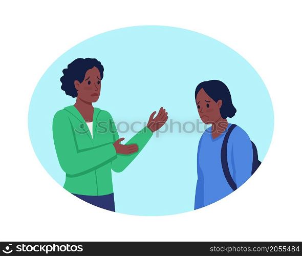 Having difficult conversation with kid 2D vector isolated illustration. Mom talking to upset daughter flat characters on cartoon background. Serious matters discussion colourful scene. Having difficult conversation with kid 2D vector isolated illustration