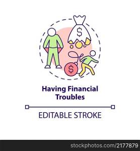 Having financial troubles concept icon. Compulsive gambling symptom abstract idea thin line illustration. Isolated outline drawing. Editable stroke. Arial, Myriad Pro-Bold fonts used. Having financial troubles concept icon