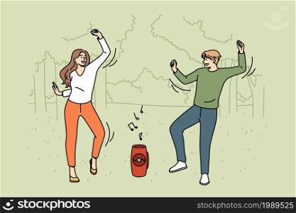Having fun and entertainment concept. Young smiling couple cartoon characters dancing together with music from column having fun in park vector illustration . Having fun and entertainment concept.