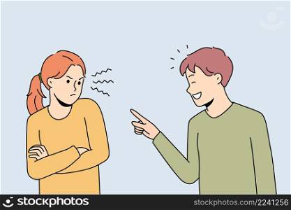 Having fun and laughing concept. Smiling boy standing pointing at irritated stressed girl having fun and kidding having problems in communication vector illustration . Having fun and laughing concept