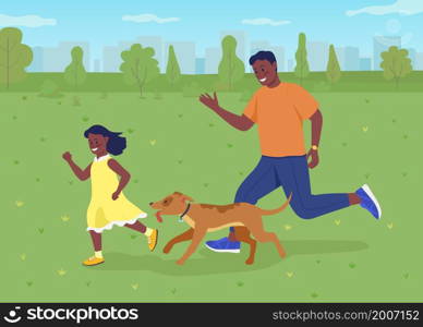 Having fun with dog in park flat color vector illustration. Take pet to walk. Running off-leash. Smiling dad and girl enjoying time together 2D cartoon characters with urban green space on background. Having fun with dog in park flat color vector illustration