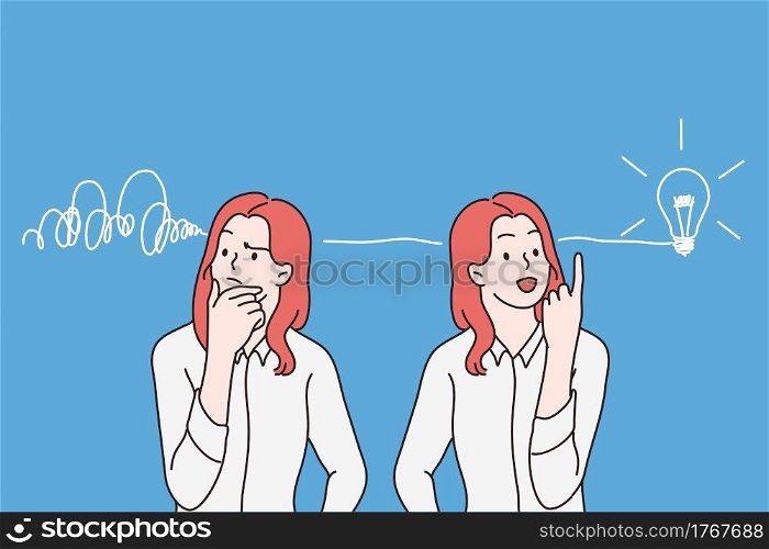 Having great idea and thinking process concept. Young smiling business woman cartoon character standing thinking of money profit and development finally having great new idea vector illustration . Having great idea and thinking process concept