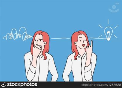 Having great idea and thinking process concept. Young smiling business woman cartoon character standing thinking of money profit and development finally having great new idea vector illustration . Having great idea and thinking process concept