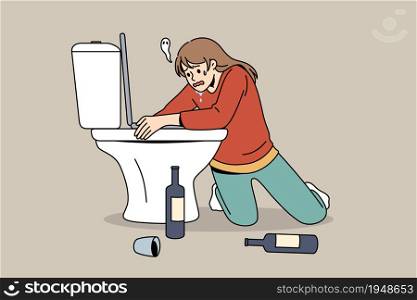 Having hangover after party concept. Young woman cartoon character sitting on knees embracing toilet with bottles of wine standing on floor feeling sick vector illustration. Having hangover after party concept