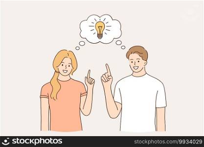 Having idea and solution concept. Young happy couple cartoon characters standing with light bulb between them meaning solved question, creative thinking vector illustration. Having idea and solution concept