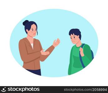 Having important conversation with teen 2D vector isolated illustration. Sad mother talking to son flat characters on cartoon background. Talking with kid about serious issues colourful scene. Having important conversation with teen 2D vector isolated illustration
