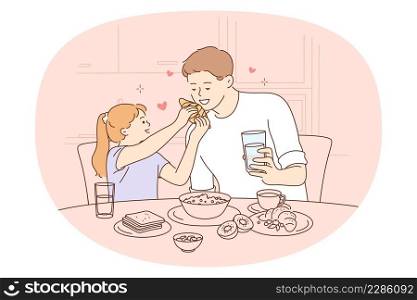 Having meal with family concept. Happy smiling father and daughter sitting and eating croissants and healthy breakfast together vector illustration . Having meal with family concept.