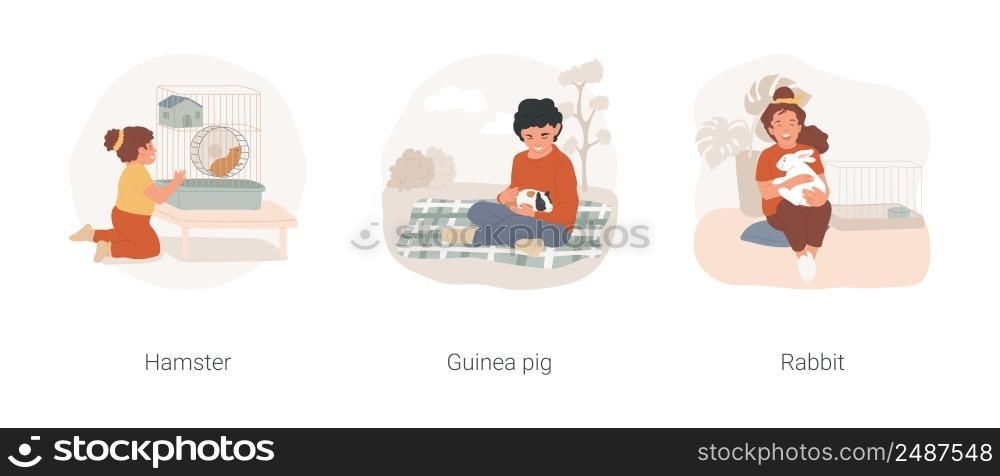 Having pets at home isolated cartoon vector illustration set. Hamster running the wheel, child feeding guinea pig with a grass, little girl caressing cute rabbit, take care of pet vector cartoon.. Having pets at home isolated cartoon vector illustration set.