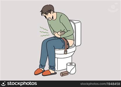 Having problems with stomach and diarrhea concept. Young man sitting on toilet touching belly feeling pain and having diarrhea vector illustration. Having problems with stomach and diarrhea concept