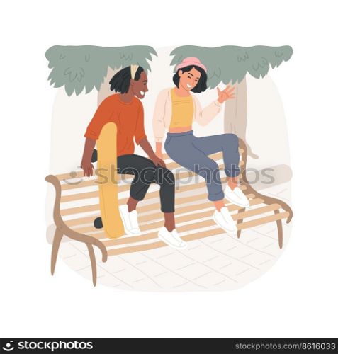 Having rest isolated cartoon vector illustration. Couple hanging out at park with skateboard, spending weekend together, sitting with feet on bench, having conversation vector cartoon.. Having rest isolated cartoon vector illustration.
