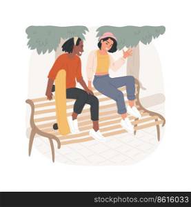 Having rest isolated cartoon vector illustration. Couple hanging out at park with skateboard, spending weekend together, sitting with feet on bench, having conversation vector cartoon.. Having rest isolated cartoon vector illustration.