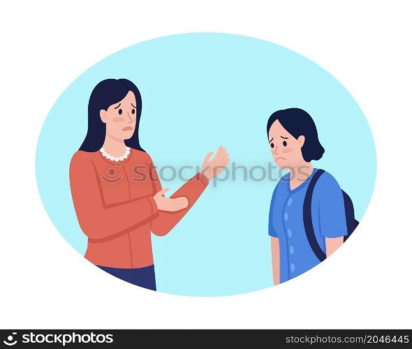 Having serious conversation with child 2D vector isolated illustration. Unhappy mother talking to daughter flat characters on cartoon background. Difficult issues discussion colourful scene. Having serious conversation with child 2D vector isolated illustration