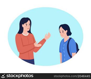 Having serious conversation with child 2D vector isolated illustration. Unhappy mother talking to daughter flat characters on cartoon background. Difficult issues discussion colourful scene. Having serious conversation with child 2D vector isolated illustration
