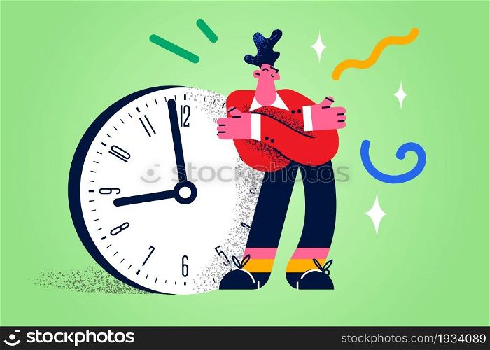 Having time and confidence concept. Young positive businessman cartoon character standing embracing shoulders with huge clock at background vector illustration . Having time and confidence concept.