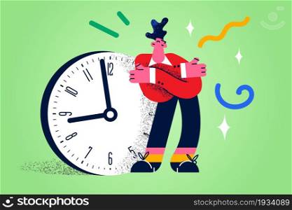 Having time and confidence concept. Young positive businessman cartoon character standing embracing shoulders with huge clock at background vector illustration . Having time and confidence concept.