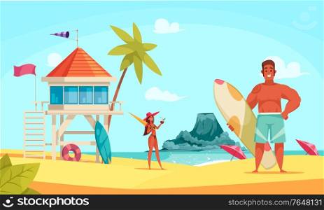 Hawaii beach composition with bungalow and couple of tourists on the beach vector illustration