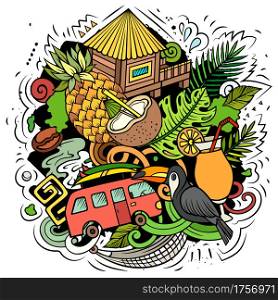 Hawaii cartoon vector doodle design. Colorful detailed composition with lot of Hawaiian objects and symbols. All items are separate. Hawaii cartoon vector doodle design