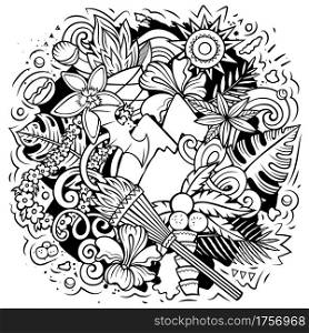 Hawaii cartoon vector doodle design. Line art detailed composition with lot of Hawaiian objects and symbols. All items are separate. Hawaii cartoon vector doodle design