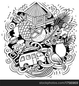 Hawaii cartoon vector doodle design. Line art detailed composition with lot of Hawaiian objects and symbols. All items are separate. Hawaii cartoon vector doodle design