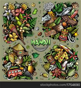 Hawaii cartoon vector doodle designs set. Colorful detailed compositions with lot of Hawaiian objects and symbols. All items are separate. Hawaii cartoon vector doodle designs set.