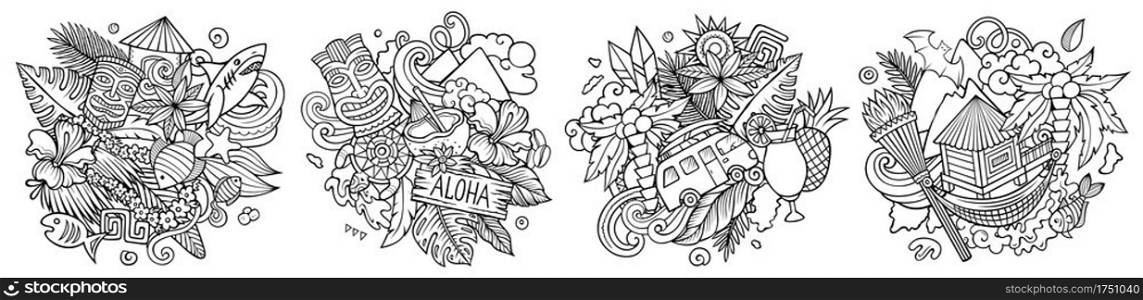 Hawaii cartoon vector doodle designs set. Sketchy detailed compositions with lot of Hawaiian objects and symbols. Isolated on white illustrations. Hawaii cartoon vector doodle designs set.