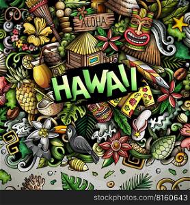 Hawaii cartoon vector doodles frame. Hawaian border design. Tropical elements and objects background. Bright colors funny picture. All items are separated. Hawaii cartoon vector doodles frame