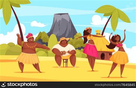 Hawaii dance composition with two girls and one man dancing on the beach vector illustration