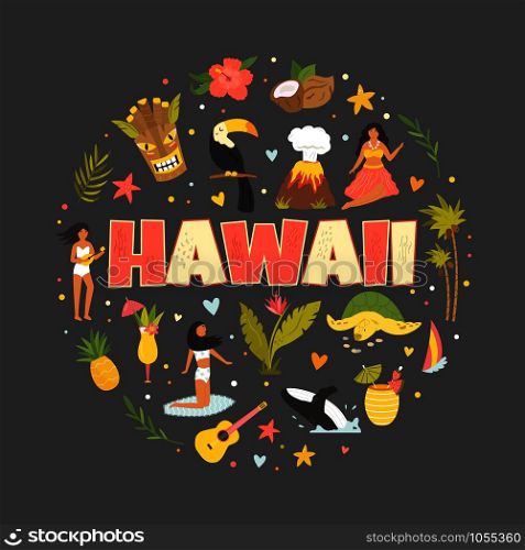 Hawaii emblem, print, decorative art with symbols landmarks, attractions, characters Circle vector design. Hawaii emblem, print with symbols, landmarks icons