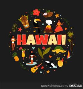 Hawaii emblem, print, decorative art with symbols landmarks, attractions, characters Circle vector design. Hawaii emblem, print with symbols, landmarks icons