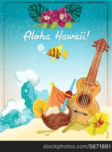 Hawaii guitar tropical beach vacation advertisement poster with coconut refreshment colada drink sketch color abstract vector illustration