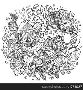 Hawaii hand drawn cartoon doodle illustration. Funny Hawaiian design. Creative art vector background. Exotic island elements and objects. Colorful composition. Hawaii hand drawn cartoon doodle illustration.