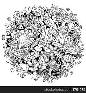 Hawaii hand drawn cartoon doodle illustration. Funny Hawaiian design. Creative art vector background. Exotic island elements and objects. Sketchy composition. Hawaii hand drawn cartoon doodle illustration.