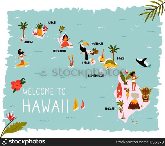 Hawaii illustrated map with animals, nature landmarks, symbols. USA discovery. For books, tourist leaflets, guides, travel posters. different prints. Hawaiian map with icons, characters and symbols.