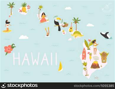 Hawaii illustrated map with animals, nature landmarks, symbols. USA discovery. For books, tourist leaflets, guides, travel posters. different prints. Hawaiian map with icons, characters and symbols.