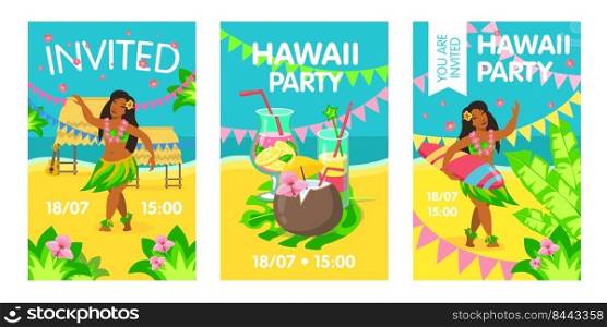 Hawaii invitation card with woman on beach. Hawaii, cocktail, surfing, party. Vector illustration can be used for invitations, posters, advertising