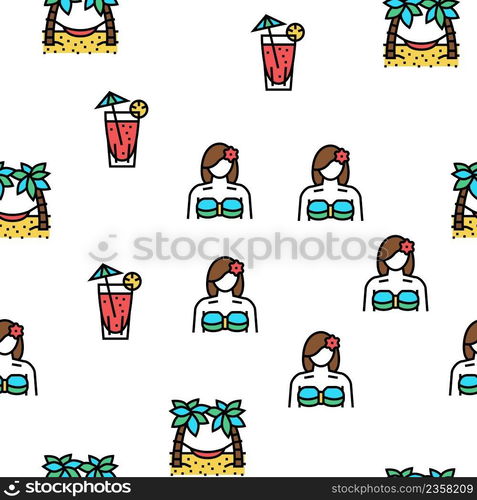 Hawaii Island Vacation Resort Vector Seamless Pattern Thin Line Illustration. Hawaii Island Vacation Resort Vector Seamless Pattern