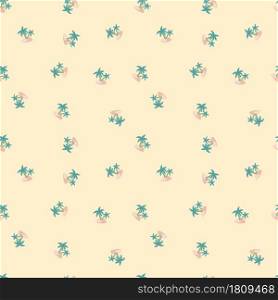 Hawaii seamless doodle pattern with blue little palm tree and island shapes. Pastel light pink background. Designed for fabric design, textile print, wrapping, cover. Vector illustration.. Hawaii seamless doodle pattern with blue little palm tree and island shapes. Pastel light pink background.